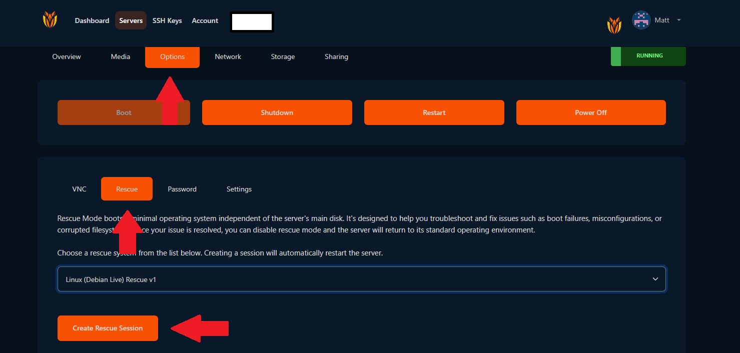 VirtFusion dashboard with a VPS selected