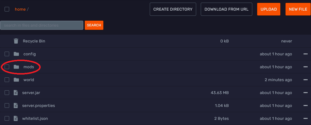 File Manager with the mods folder open