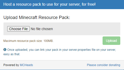 File hosting page with a resource pack selected for upload