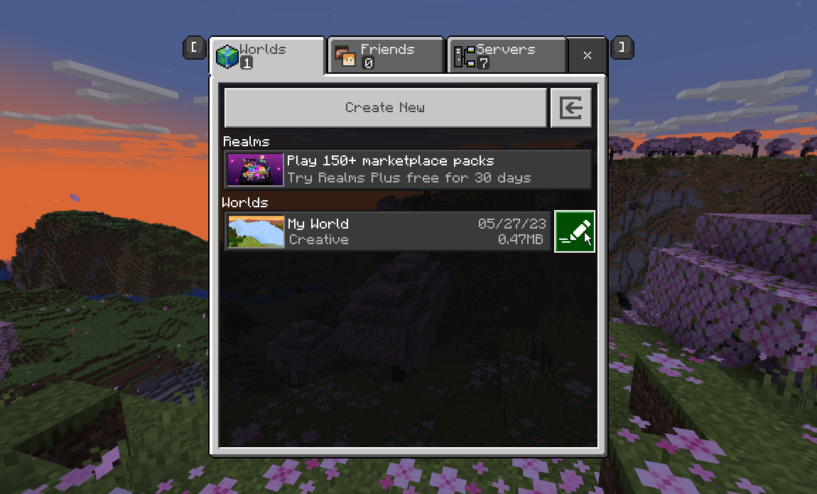 Minecraft Bedrock worlds list with an edit button