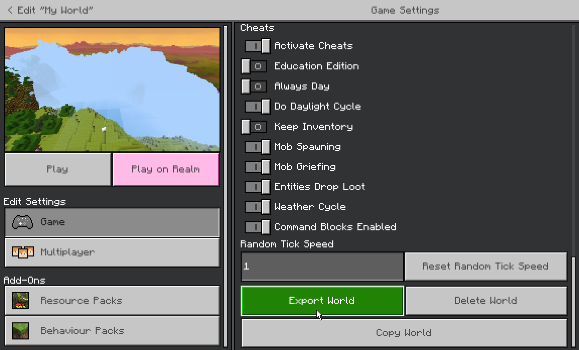 Minecraft Bedrock world settings with the Export World button