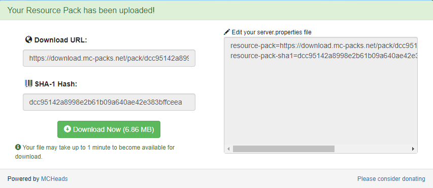 Uploaded resource pack with its download URL