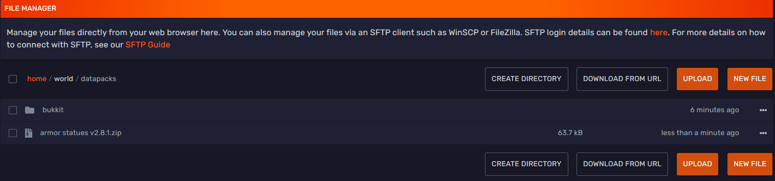 File Manager tab showing the datapacks folder with a zip file