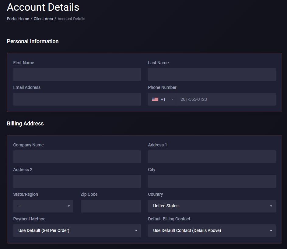 Billing Portal account page with the Update button