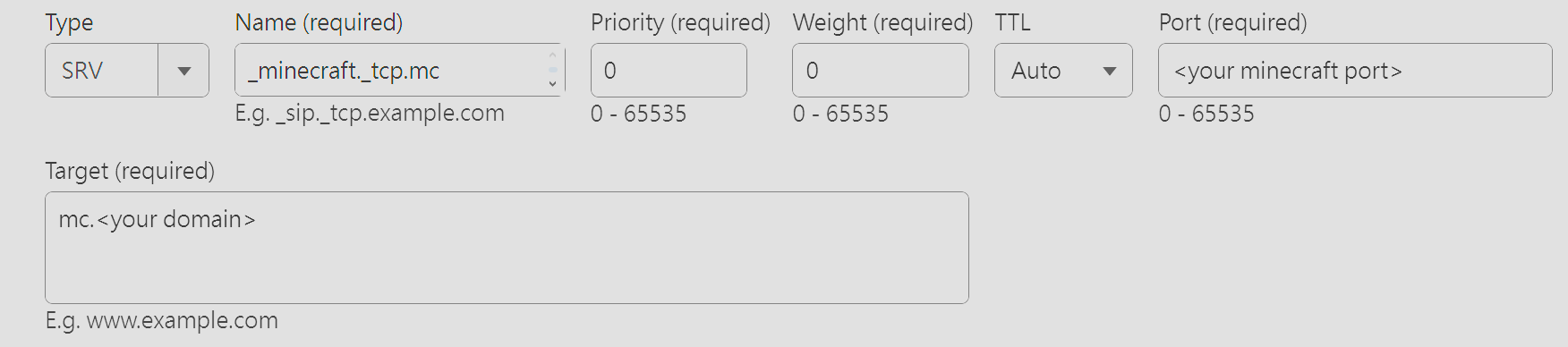 Cloudflare SRV record configured for a non-default Minecraft port
