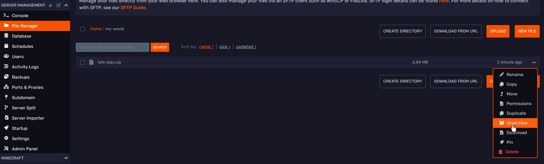 File Manager context menu with the Unarchive action