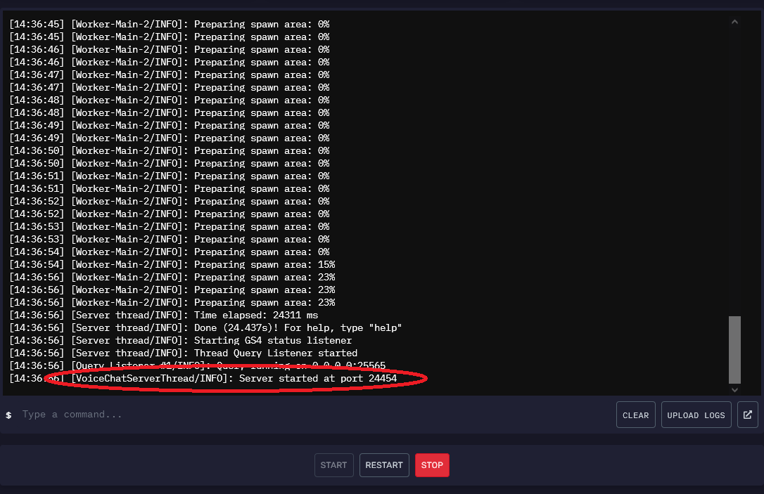 Server log confirming Simple Voice Chat started on port 24454