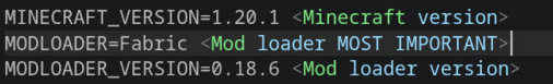 ServerPackCreator variables file showing the generated server type and version