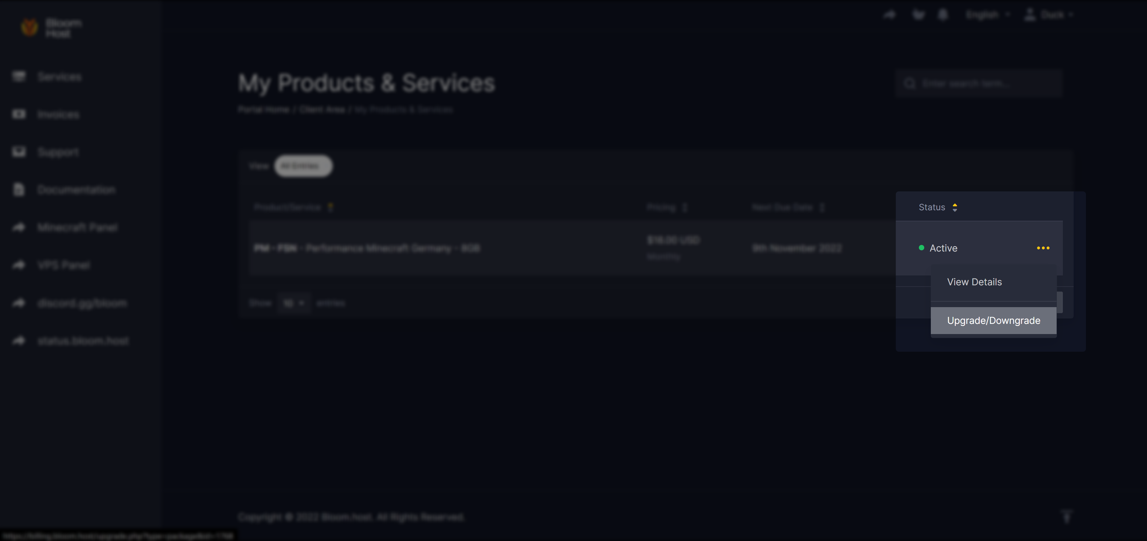 Billing Portal product menu showing the Upgrade or Downgrade option