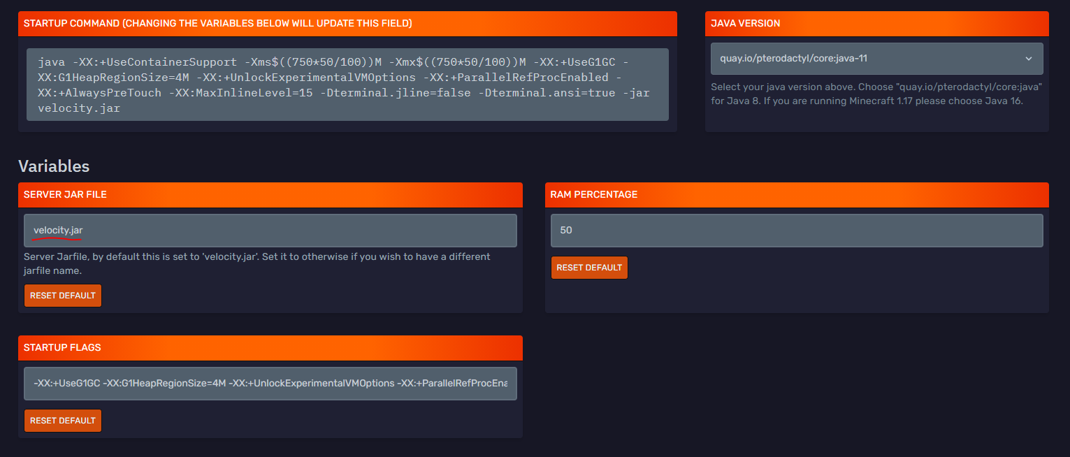 Velocity server Startup tab with the server jar variable